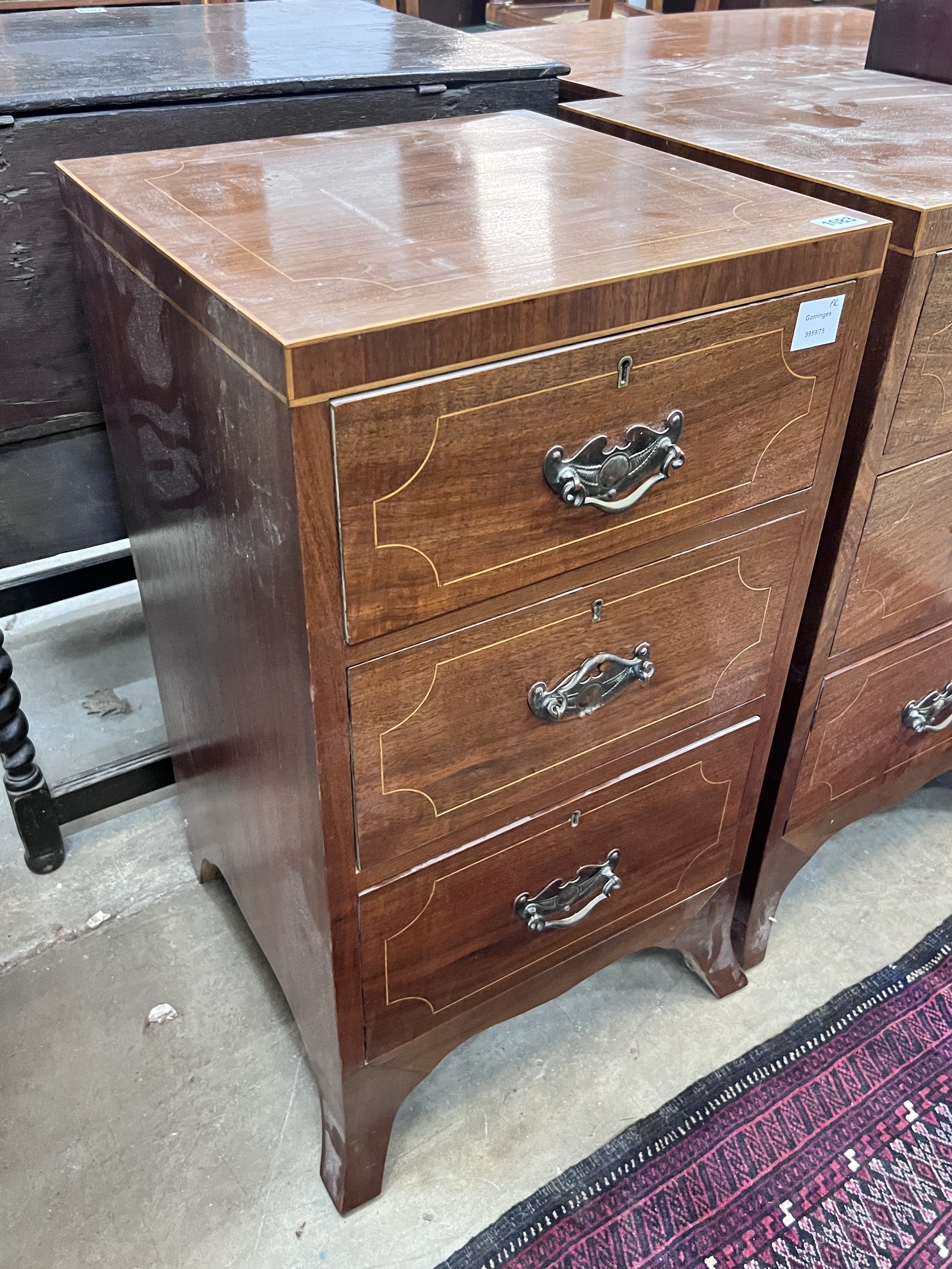 A pair of George III style inlaid mahogany bedside chests, width 43cm, depth 42cm, height 77cm
